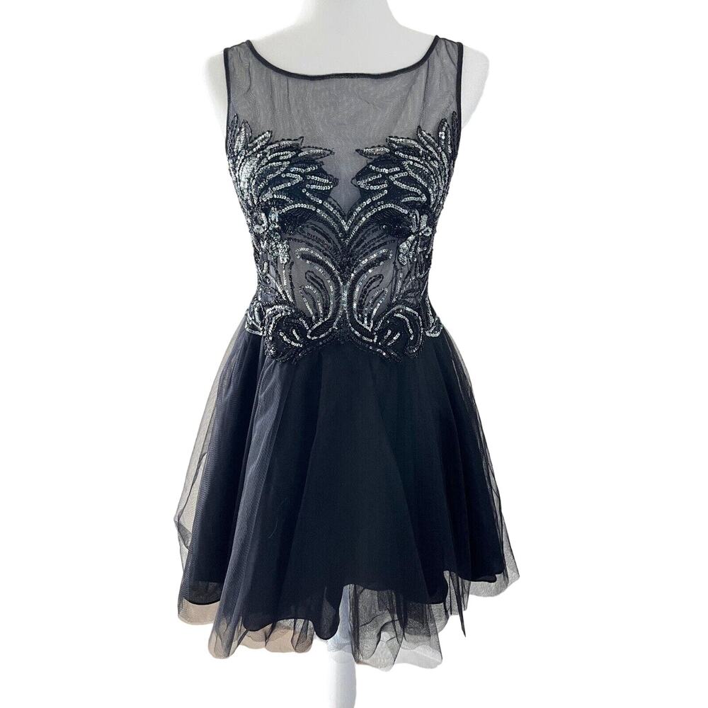 BASIX BLACK LABEL Black Tulle Sequin Cocktail Mini Dress SZ 6 Prom Evening Women